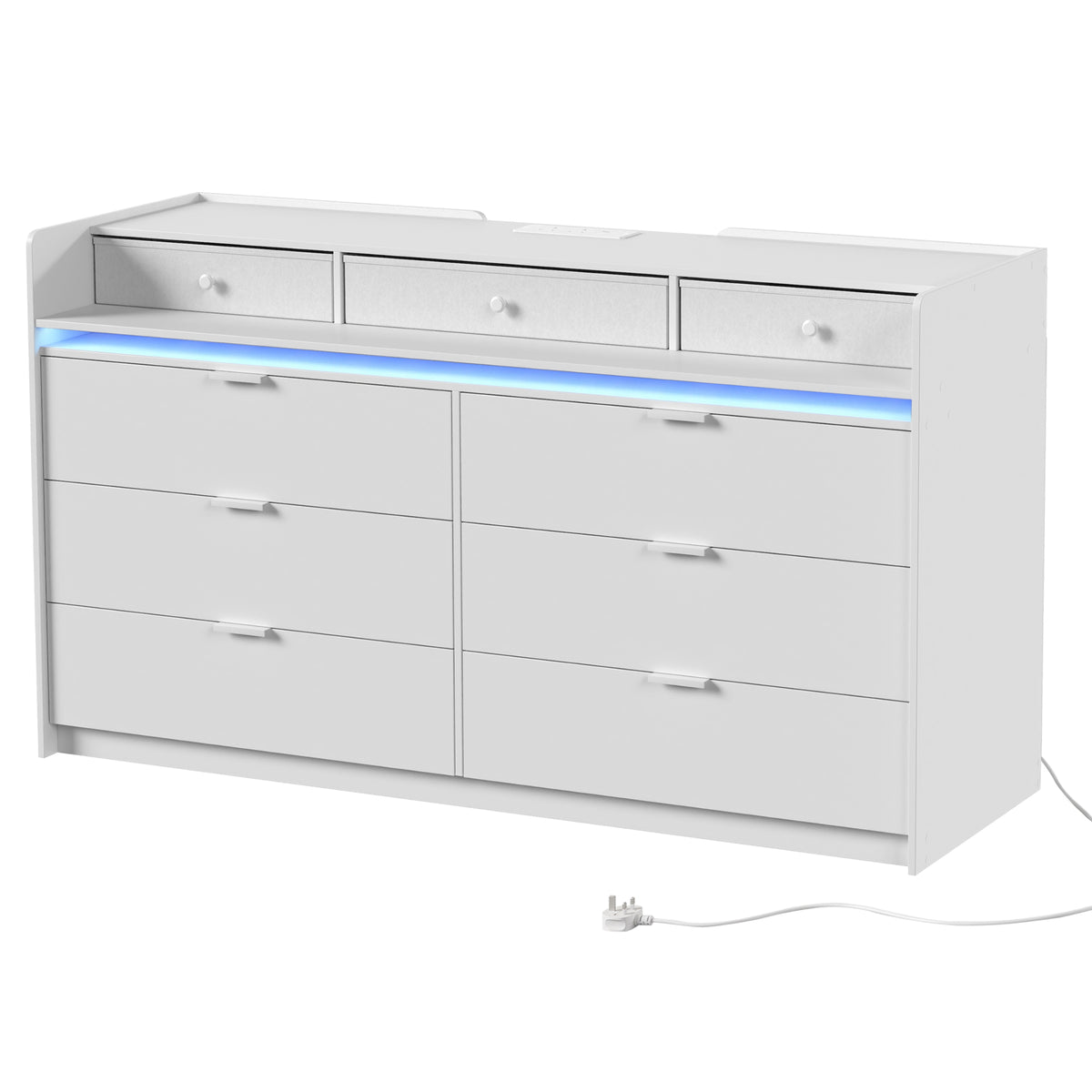 Chest of 9 Drawers with LED Strip & Charging Station | White MDF | 148.7x45x82cm | 2700-6500K Bluetooth | 2 UK Outlets USB-A USB-C | TV Stand up to 65in | Anti-Tip | 85kg