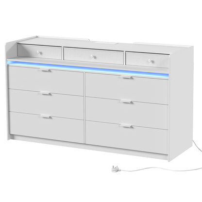 Chest of 9 Drawers with LED Strip & Charging Station | White MDF | 148.7x45x82cm | 2700-6500K Bluetooth | 2 UK Outlets USB-A USB-C | TV Stand up to 65in | Anti-Tip | 85kg