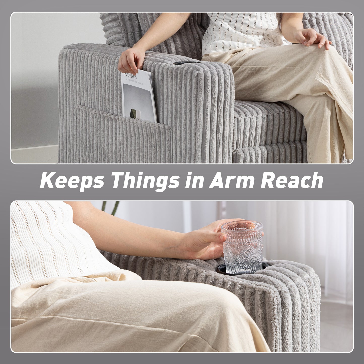 2 Seater Click Clack Sofa Bed with Pull Out Design, Corduroy Upholstery - Light Grey