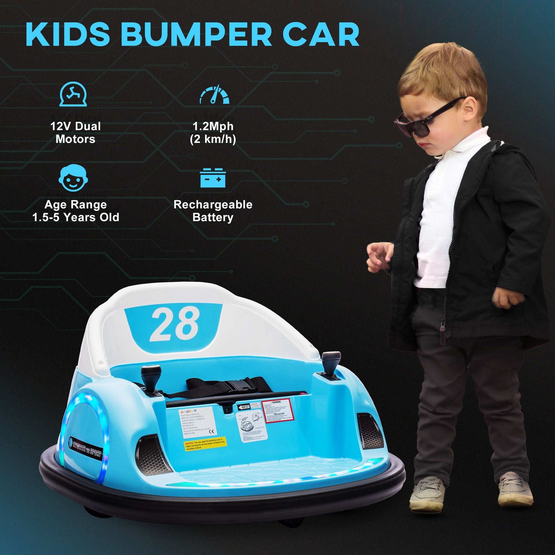 AIYAPLAY 360° Rotation Kids Bumper Car, 12V Waltzer Car with Remote Control, Dual Joysticks, Music Lights