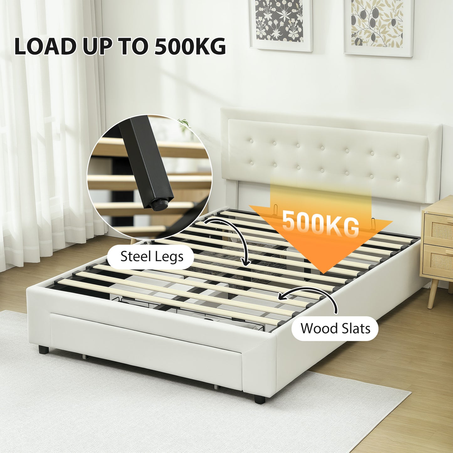 Double Ottoman Bed Frame, with Front Drawer - Cream / Black