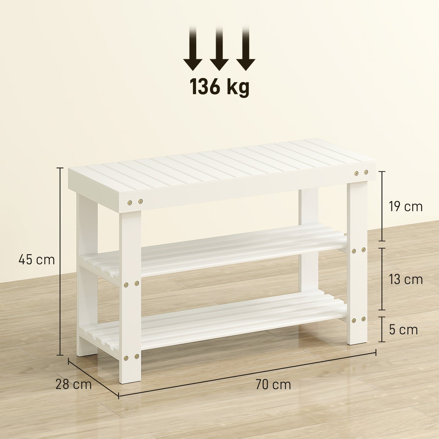 Two Shelf Bamboo Shoe Storage Bench - White