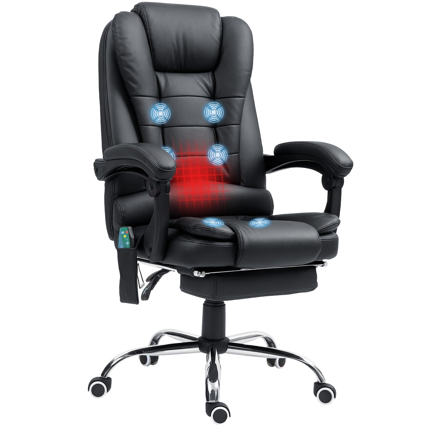 Heated Massage Executive Office Chair | 6 Point Vibration | High Back PU Leather | 135° Recline & Footrest | 360° Swivel | 45-52cm Height | 113kg | Black