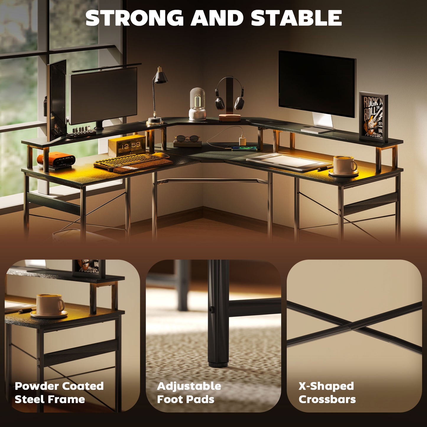 L Shaped Work Computer Desk, with LED Lights - Black