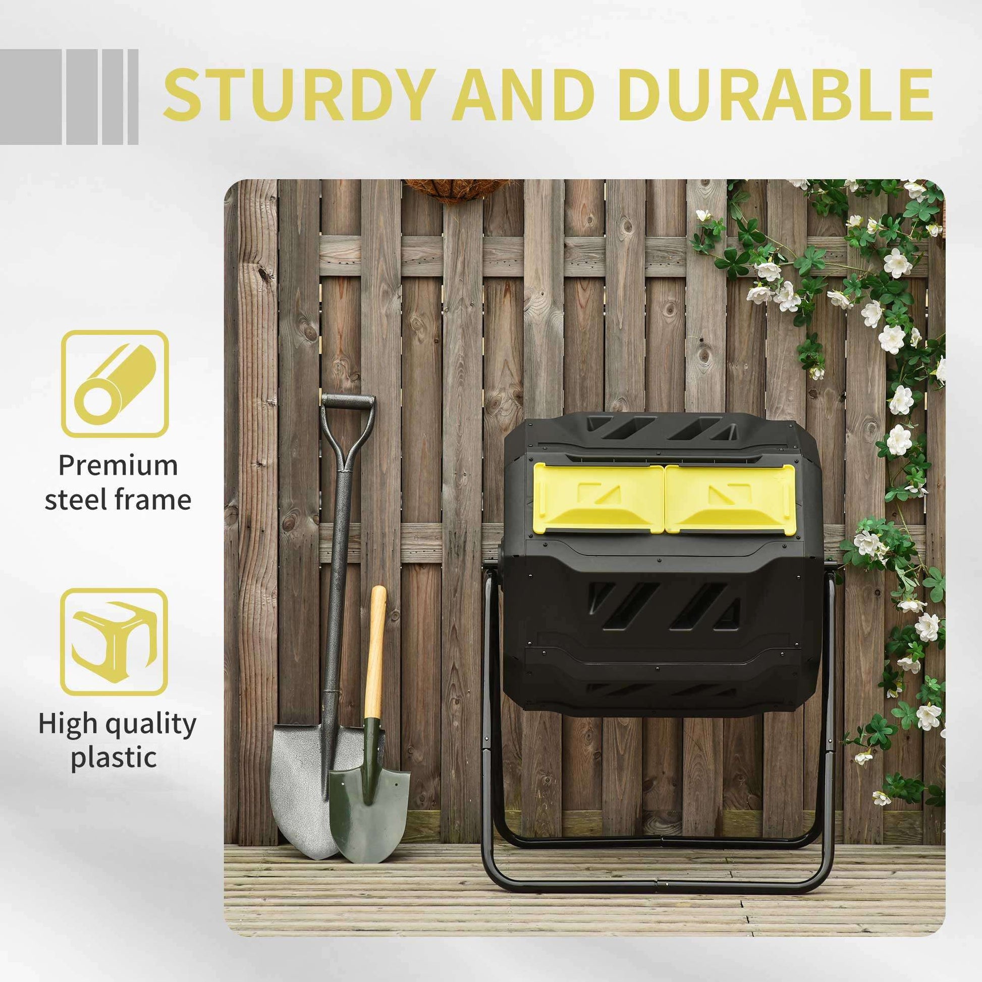 160L Tumbling Compost Bin Outdoor Dual Chamber 360° Rotating Composter, Garden Compost Bin w/ Sliding Doors & Solid Steel Frame, Yellow