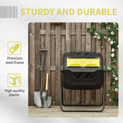 160L Tumbling Compost Bin Outdoor Dual Chamber 360° Rotating Composter, Garden Compost Bin w/ Sliding Doors & Solid Steel Frame, Yellow
