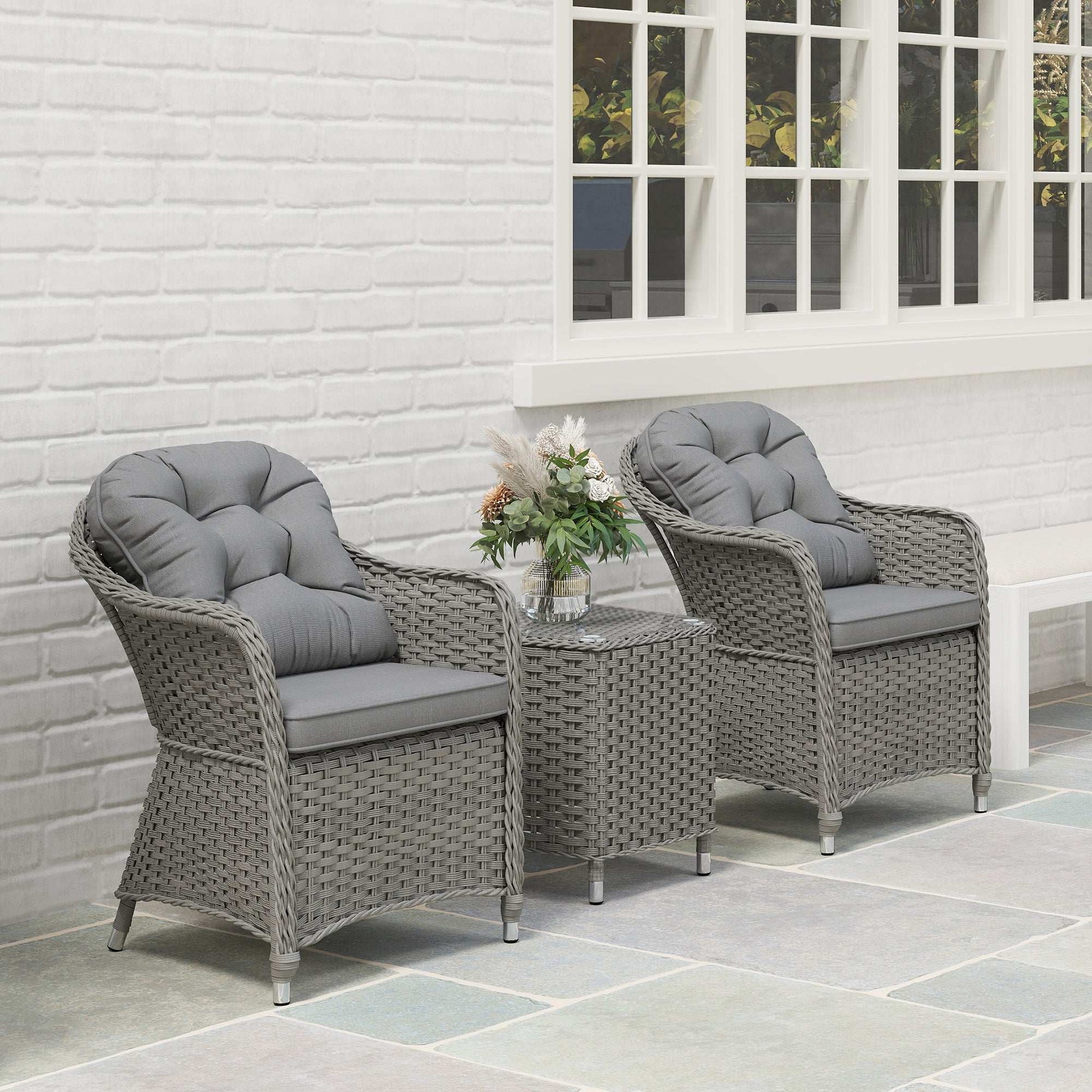 Outsunny 3 Pieces Rattan Bistro Set , Glass Top Balcony Table and Chairs with Cushions for Outdoor, Patio, Balcony, Light Grey
