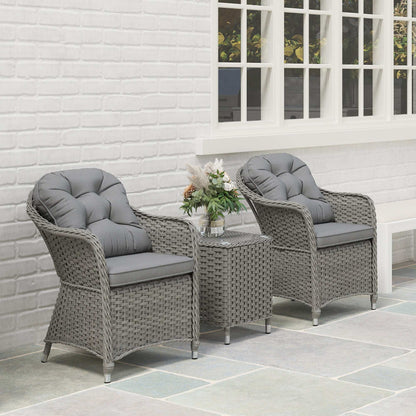 Outsunny 3 Pieces Rattan Bistro Set , Glass Top Balcony Table and Chairs with Cushions for Outdoor, Patio, Balcony, Light Grey