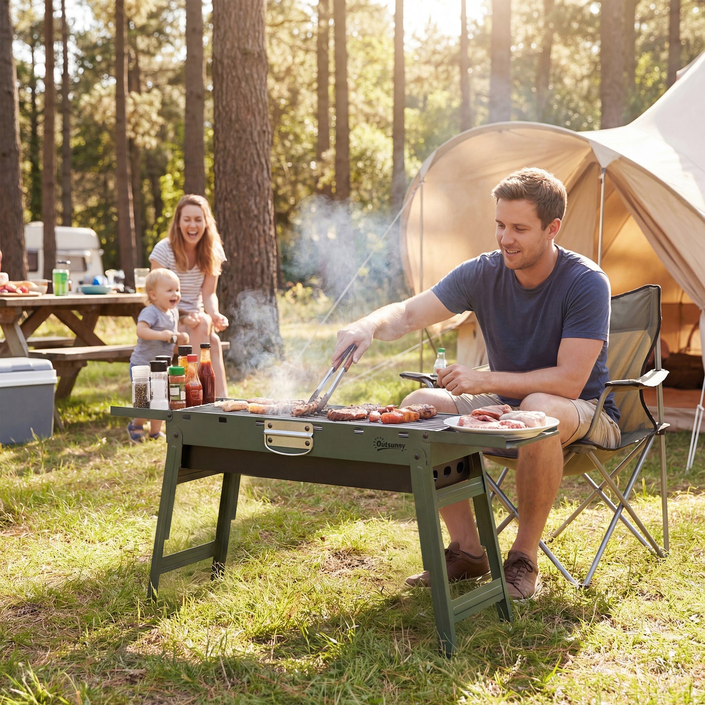 Outsunny Portable BBQ Grill, Foldable Charcoal Grill for Camping and Picnics with 2 Side Shelves and Handle