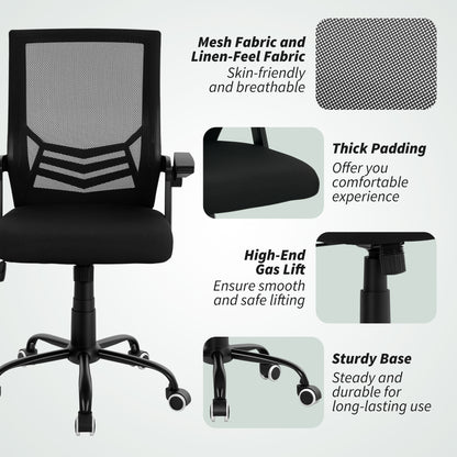 Home Office Furniture Set | Computer Desk with Storage Shelf | Ergonomic Mesh Chair | Flip-Up Armrests | Lumbar Support | Adjustable Height | Rustic Brown & Black