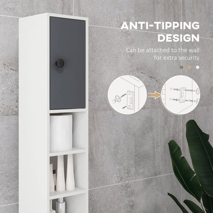 Kleankin 180cm Tall Slim Bathroom Cabinet, Narrow Toilet Roll Storage with Open Shelves, 2 Door Cabinets, Adjustable Shelves, for Kitchen, Hallway, Living Room, Grey