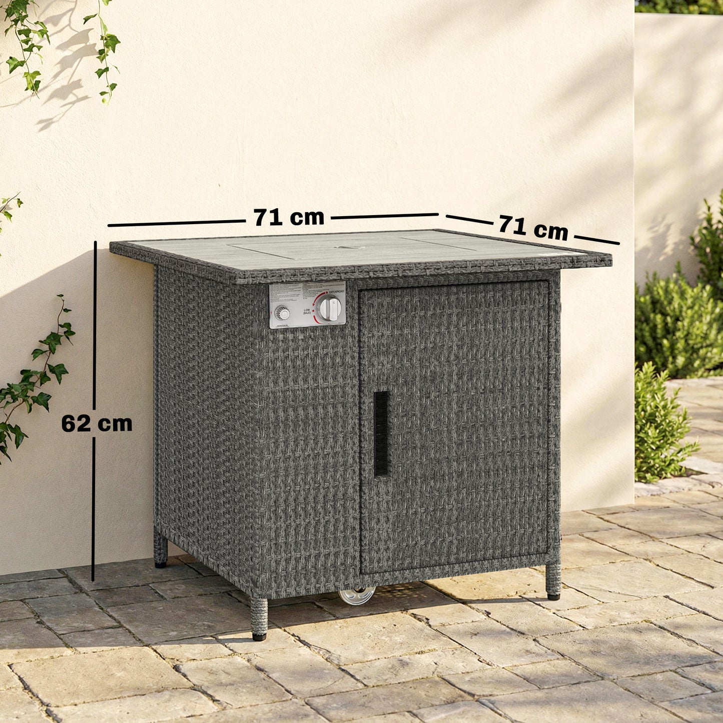 Rattan Gas Fire Pit Dining Table | 50,000 BTU 14.5KW Smokeless Burner | Adjustable Flame | Glass Wind Guard & Spark Mesh | Rain Cover | Lava Rocks | Lid | 71x71x62cm | Dark Grey