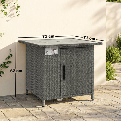 Rattan Gas Fire Pit Dining Table | 50,000 BTU 14.5KW Smokeless Burner | Adjustable Flame | Glass Wind Guard & Spark Mesh | Rain Cover | Lava Rocks | Lid | 71x71x62cm | Dark Grey
