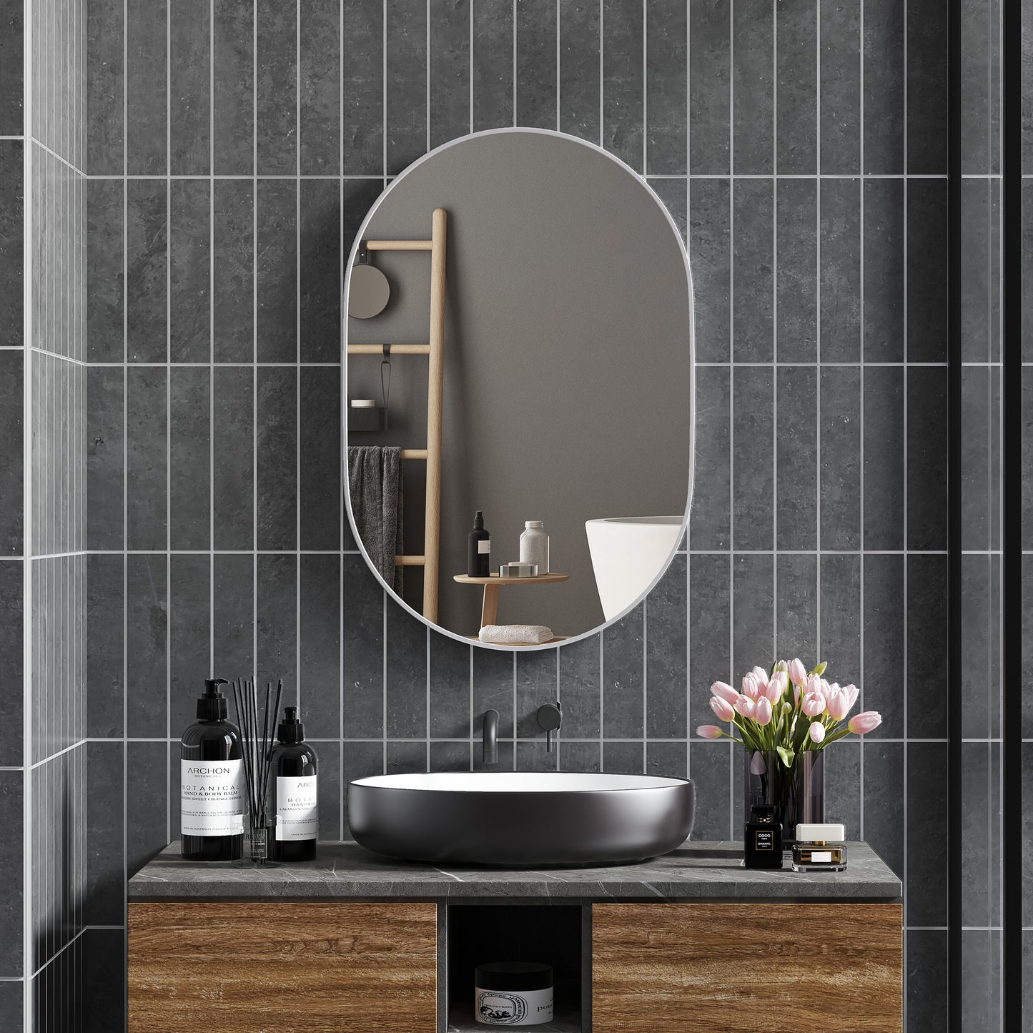 Oval Bathroom Mirror, Modern Wall-mounted Vanity Mirror with Aluminium Frame for Living Room, Entryways, Horizontal or Vertical, 60 x 90cm, Silver