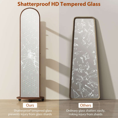 2-in-1 Full-Length Floor Mirror with Hidden Back Storage Shelves | Coat Rack & Hooks | 4 Lockable Wheels | Shatter-Resistant Tempered Glass | 50x50x167cm | Brown Wood Effect
