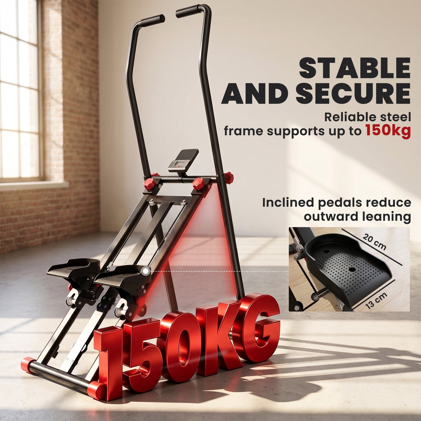 Vertical Stair Climber Stepper | 3 Resistance Levels | Adjustable Handlebar 123–133cm | 150kg | LCD Monitor | Phone Holder | Foldable | Black