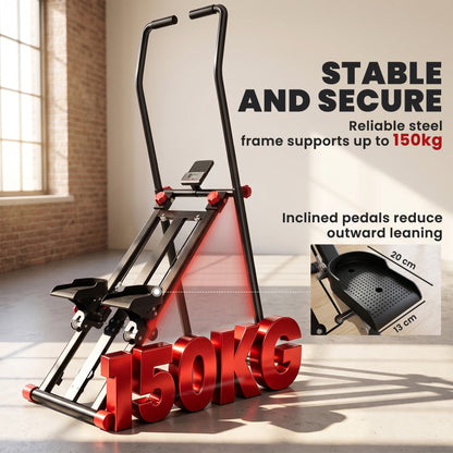 Vertical Stair Climber Stepper | 3 Resistance Levels | Adjustable Handlebar 123–133cm | 150kg | LCD Monitor | Phone Holder | Foldable | Black
