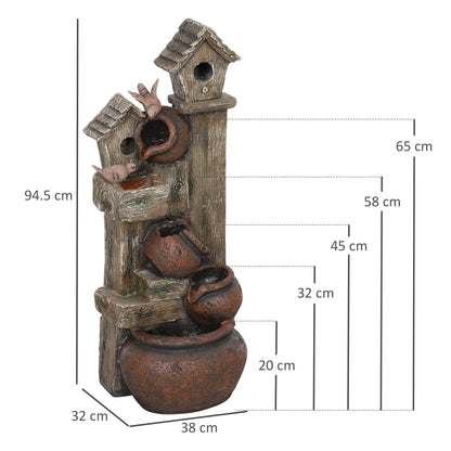 2-in-1 Waterfall Fountain with Birdhouse, Resin Garden Water Fountain with LED Lights Pump, Cascading Garden Water Feature with Tree Trunk Design