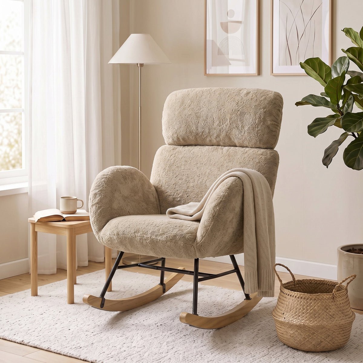 Upholstered Rocking Chair with 8cm Adjustable Headrest | 105° Rocking Motion | Raindrop Velvet High-Density Foam | Steel Plywood Frame Rubberwood Legs | 120kg Capacity | BS5852 | Light Brown | 71x90x100cm | Assembly Required