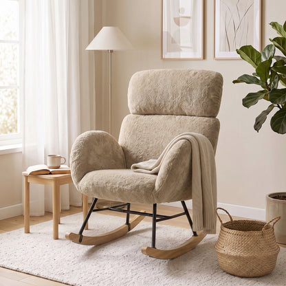 Upholstered Rocking Chair with 8cm Adjustable Headrest | 105° Rocking Motion | Raindrop Velvet High-Density Foam | Steel Plywood Frame Rubberwood Legs | 120kg Capacity | BS5852 | Light Brown | 71x90x100cm | Assembly Required