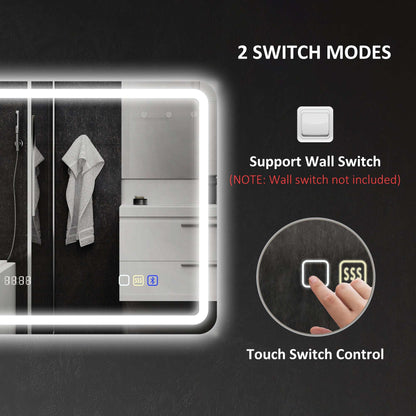 60 x 80 cm Bluetooth LED Bathroom Mirror with Clock Anti-Fog - Silver Tone