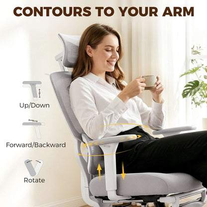 Ergonomic Office Chair | Adjustable Headrest | 3D Armrests | Lumbar Support | 135° Recline | Footrest | Breathable Mesh | 135kg | Grey