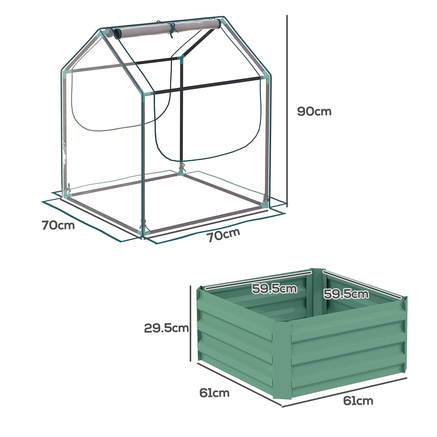 2-in-1 Raised Garden Bed with Mini Greenhouse Cover | Galvanised Steel Base | Open Bottom | 2 Roll-Up Windows | 10cm Soil Anchor Edge | 61x61x29.5cm Bed | 70x70x90cm Cover | Green & Clear