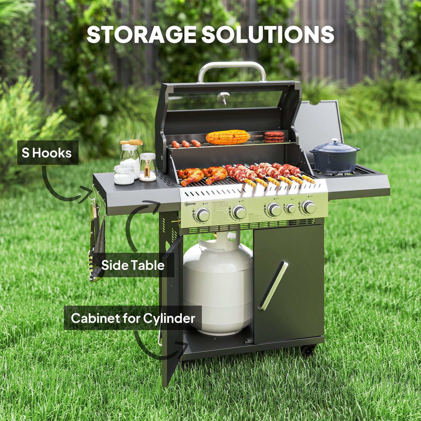 4+1 Burner Gas BBQ Grill with Clear View Lid, Portable Gas Barbecue Grill with Built-in Thermometer, Side Table, Cabinet, for Garden Party Outdoor Cooking