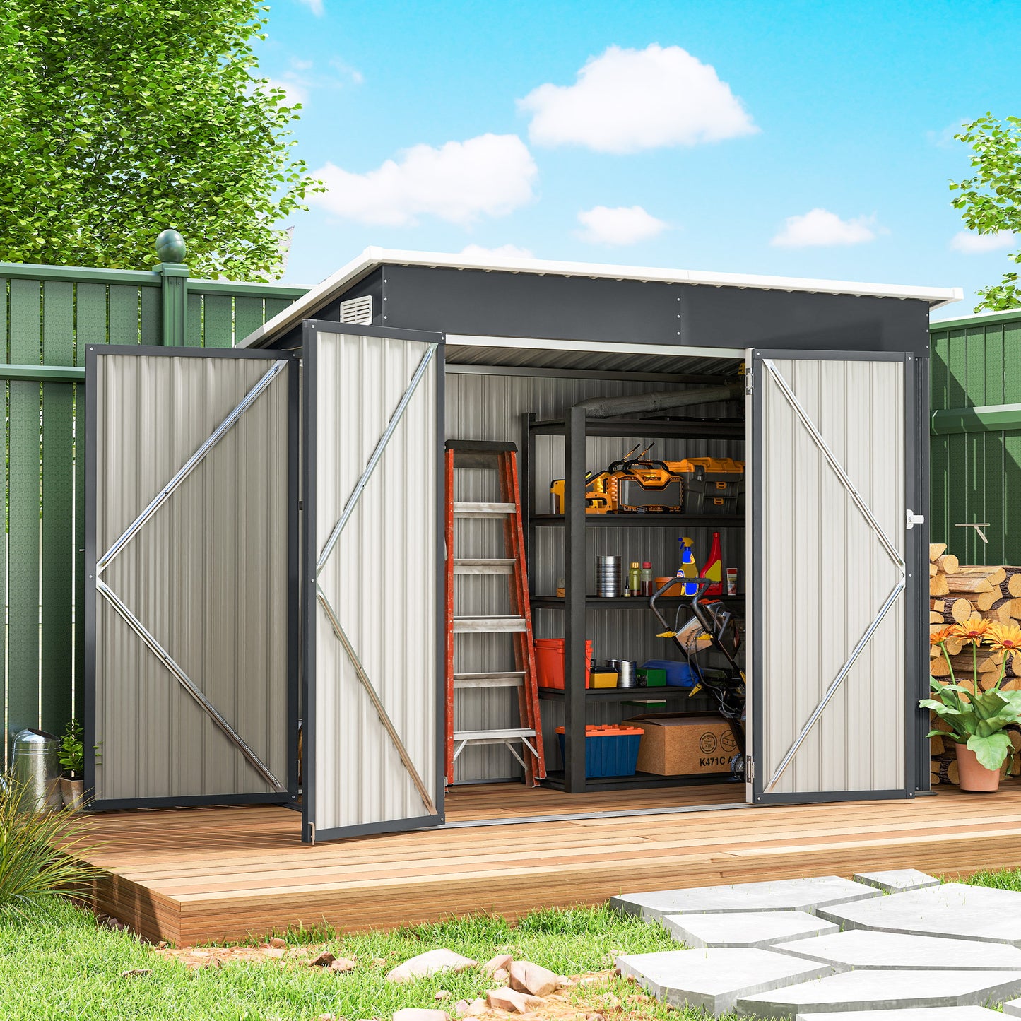 Galvanised Steel Garden Storage Shed | Triple Lockable Access | Double Front Doors & Side Door | Powder-Coated | Ventilation Slots | Sloped Roof | 25kg/m² Snow Load | 234x132x185cm | 2.68m² | Dark Grey