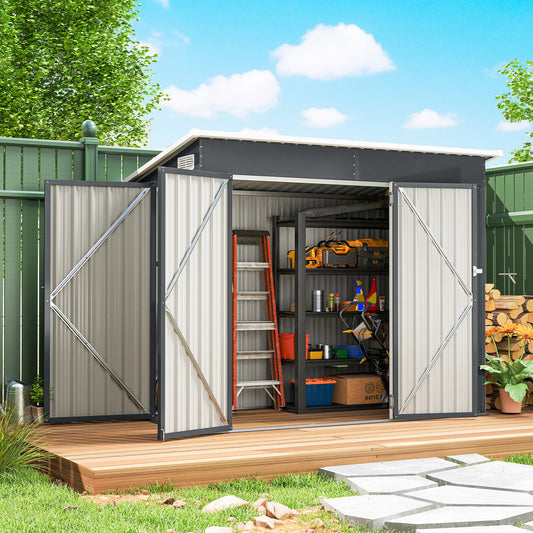Galvanised Steel Garden Storage Shed | Triple Lockable Access | Double Front Doors & Side Door | Powder-Coated | Ventilation Slots | Sloped Roof | 25kg/m² Snow Load | 234x132x185cm | 2.68m² | Dark Grey