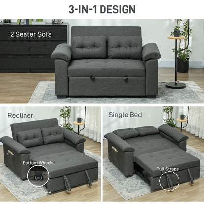 Pull Out Sofa Bed, Fabric 2 Seater Sofa Bed Settee, Convertible Sofa with 2 Pillows and Side Pockets for Living Room, Home Office, Charcoal Grey