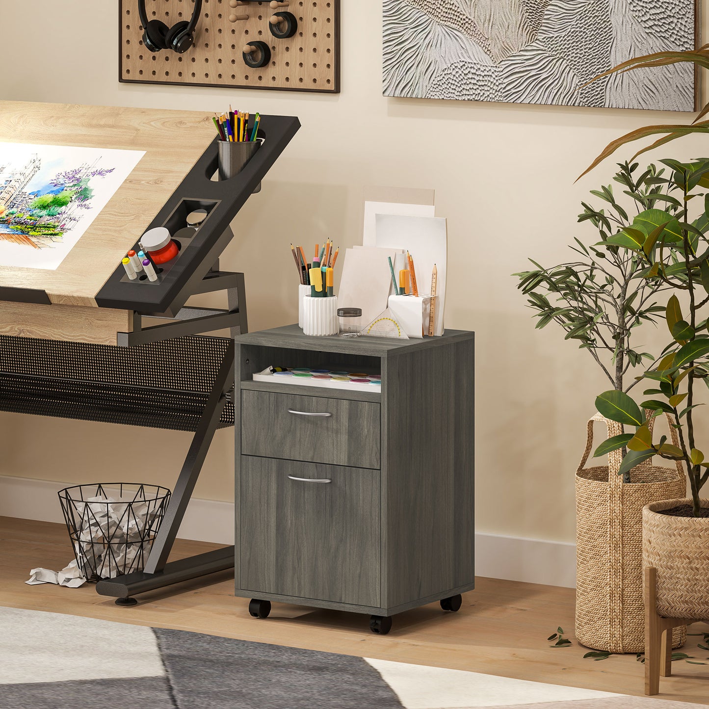 60cm Filing Cabinet with Drawer, Open Shelf, Metal Handles and 4 Wheels, Office Home Organiser Mobile Printer, Grey