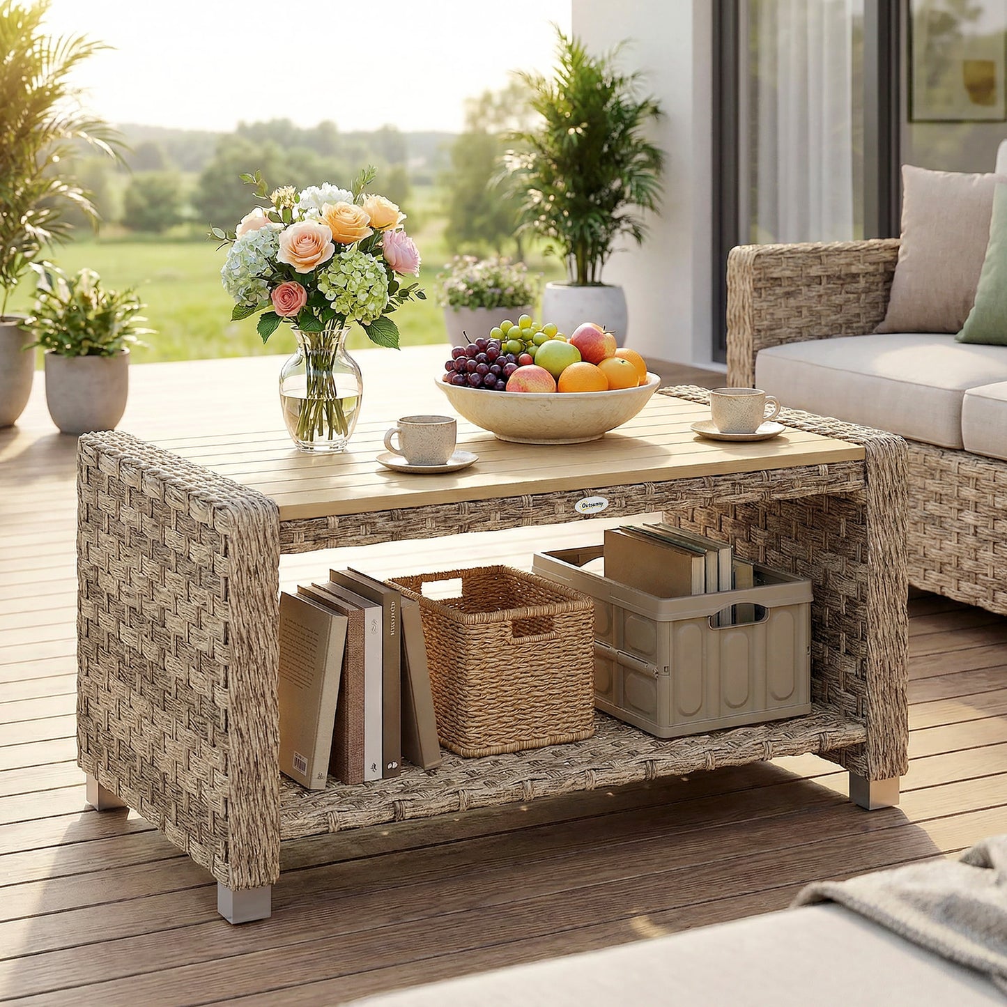 2-Tier Rattan Garden Coffee Table | Storage Shelf | Slatted Top | 50kg | Foot Pads | Light Brown