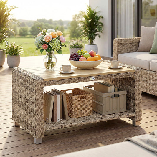 2-Tier Rattan Garden Coffee Table | Storage Shelf | Slatted Top | 50kg | Foot Pads | Light Brown