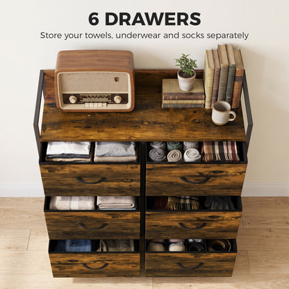 Rustic Chest of Six Fabric Drawers | Rustic Brown & Black | Linen Fabric Steel Particleboard | 80x29x85cm | 35kg Max Load | Adjustable Feet | Industrial Style | Bedroom Storage