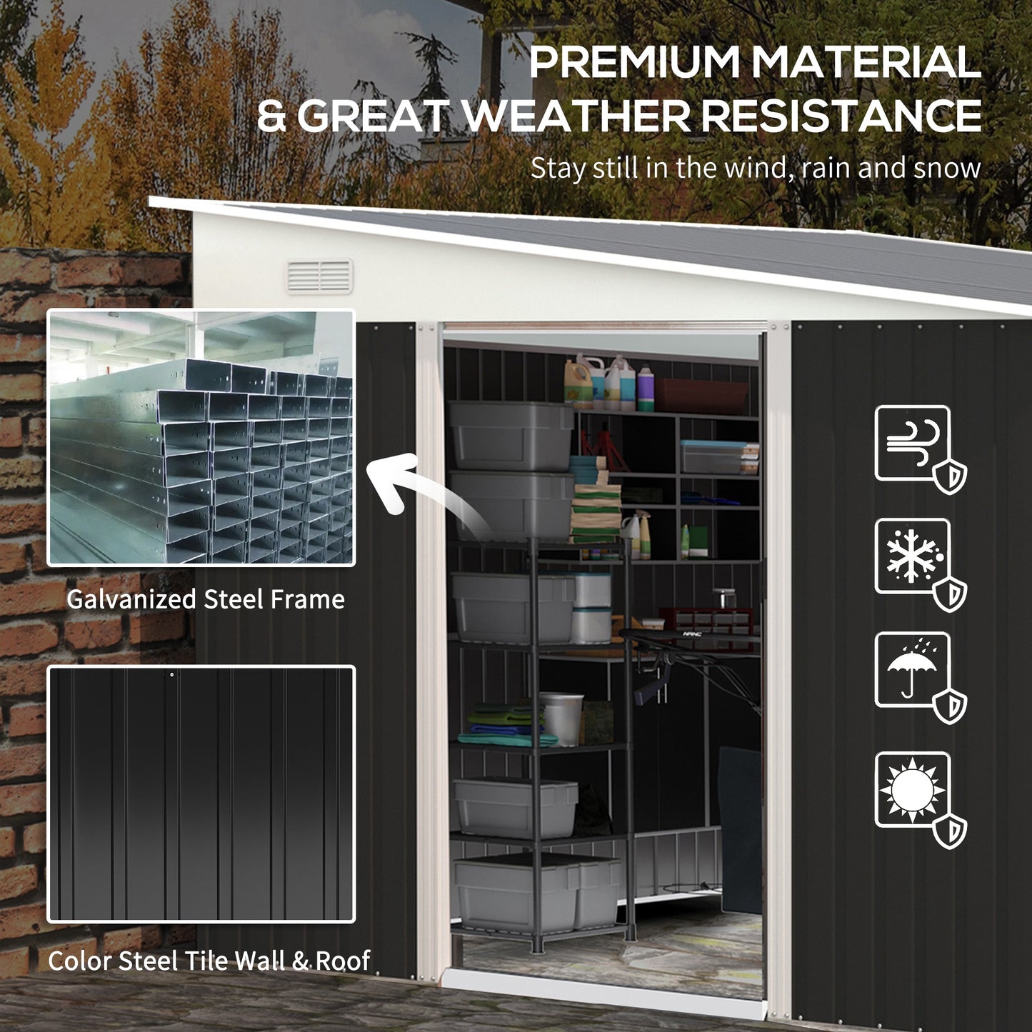 Outsunny 3.3 x 2.68m Corrugated Metal Outdoor Garden Storage Shed - Black