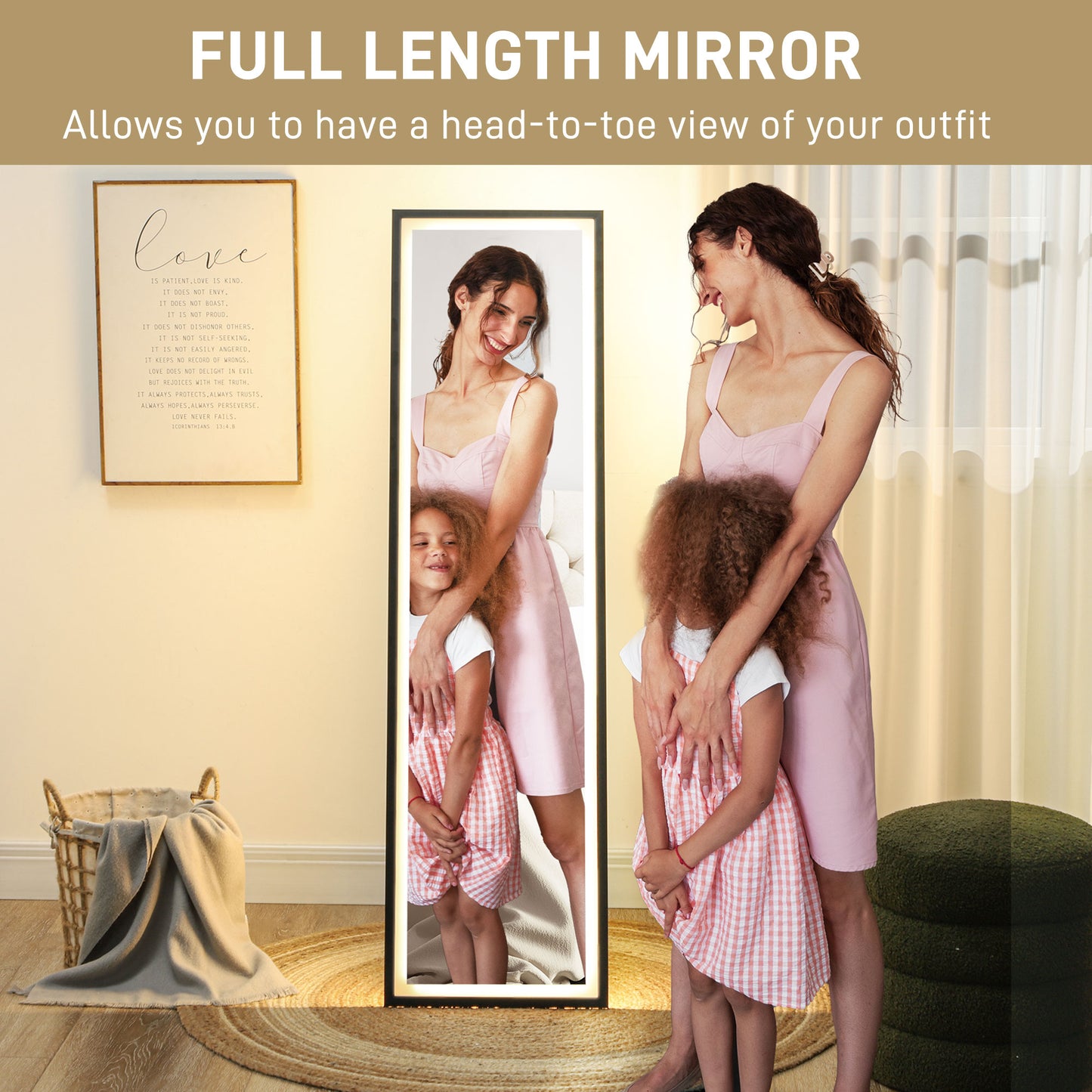Full Length Mirror with LED Lights, 150 x 40cm Free Standing Mirror with Dimming and 3 Colour Lighting, Leaning or Wall Mirror - Black