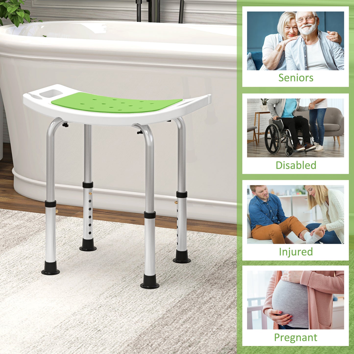 6-Level Height Adjustable Aluminium Bath Room Stool Chair Shower  w/ Padded Seat Drainage Holes Foot Pad, Green