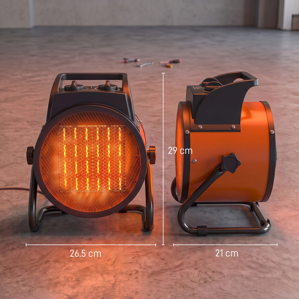 2800W Industrial PTC Ceramic Fan Heater | 3 Modes Fan 1400W 2800W | Manual Tilt | Stepless Thermostat | Thermal Cutout | IP20 | 28m² | Fume-Free | Carry Handle | 26.5x21x29cm | Orange & Black