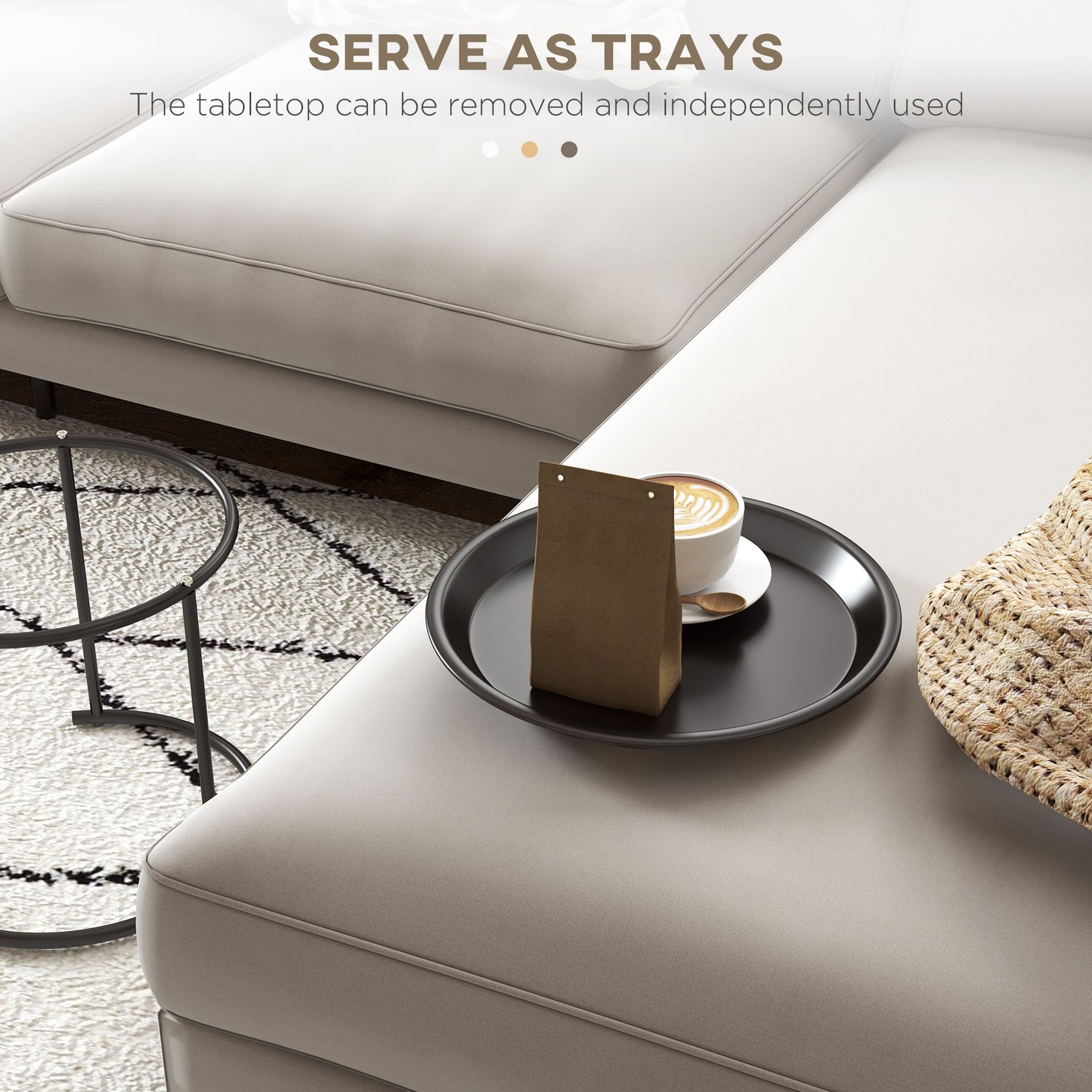 Nesting Tables Set of 2, Side End Table with Removable Tabletop Tray and Steel Frame for Living Room, Bedroom, White