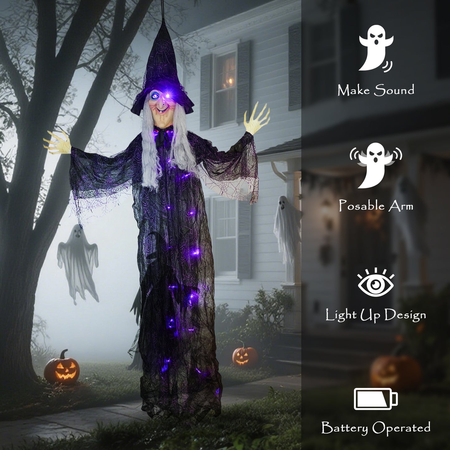183 cm Life Size Halloween Animated Hanging Witch with Glowing LED Eyes & Body, Spooky Witch Scary Halloween Decorations, Battery Operated, Indoor Party Props