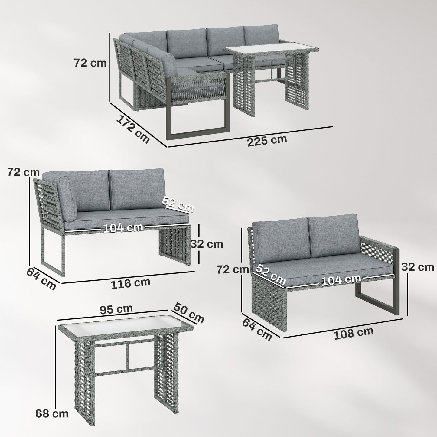 6 Seater Modular Rattan Corner Garden Furniture Set | 3 Loveseats & Dining Table | Tempered Glass | Galvanised Frame | Fade-Resistant Cushions | L-Shape or U-Shape | Grey