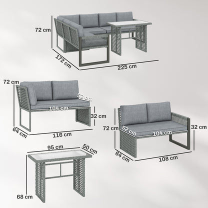 6 Seater Modular Rattan Corner Garden Furniture Set | 3 Loveseats & Dining Table | Tempered Glass | Galvanised Frame | Fade-Resistant Cushions | L-Shape or U-Shape | Grey