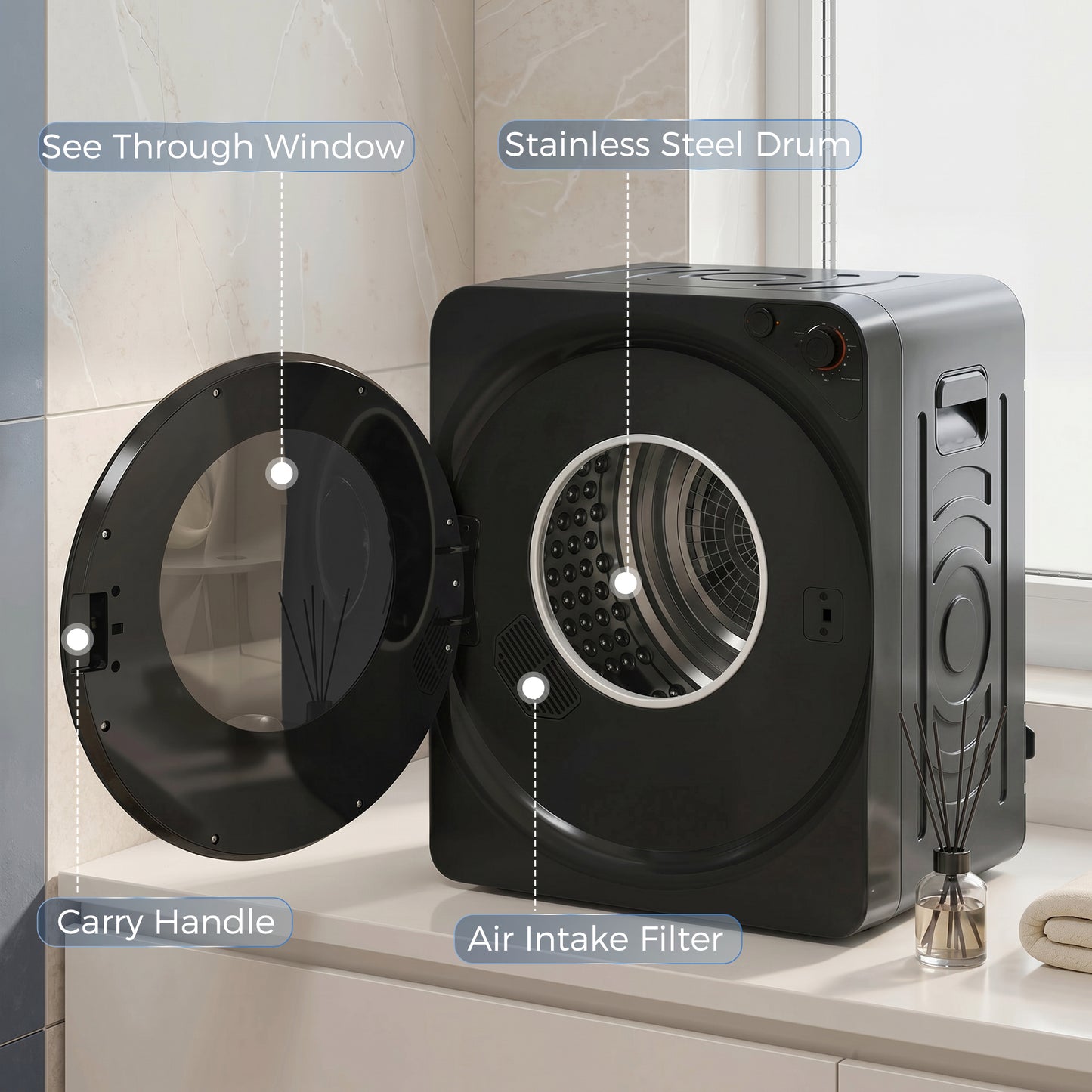 Compact Vented Tumble Dryer | 5kg | 1000W | 5 Drying Modes | Stainless Steel Drum | Stackable | 54dB | Black