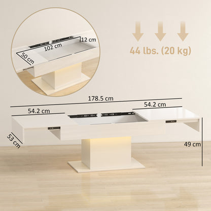 Extendable Coffee Table with LED Lights and Storage - High Gloss White