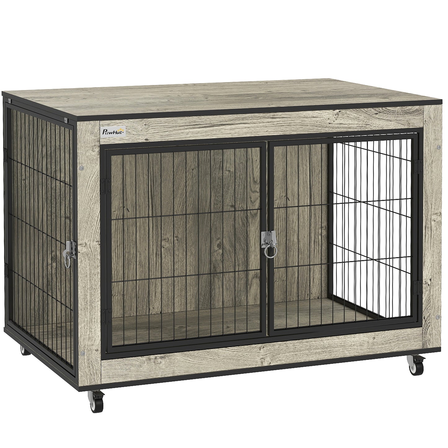 Dog Crate Furniture Side Table with Wheels | Double Doors | Interchangeable Side Door | Medium Dogs up to 20kg | 80 x 56 x 62.5cm | Grey