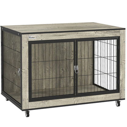 Dog Crate Furniture Side Table with Wheels | Double Doors | Interchangeable Side Door | Medium Dogs up to 20kg | 80 x 56 x 62.5cm | Grey