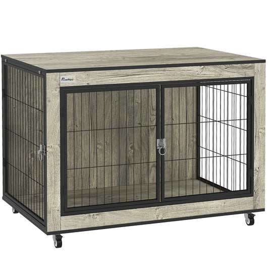 Dog Crate Furniture Side Table with Wheels | Double Doors | Interchangeable Side Door | Medium Dogs up to 20kg | 80 x 56 x 62.5cm | Grey