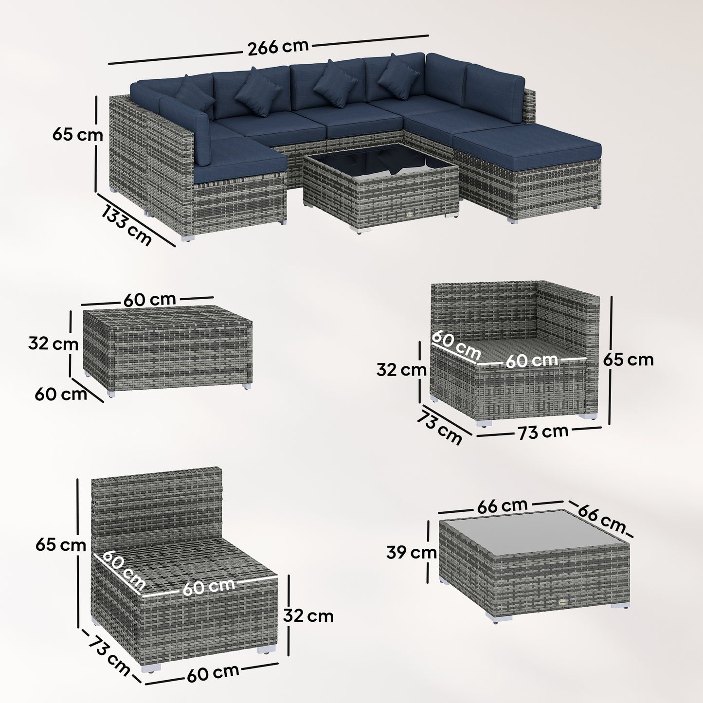 8-Piece Modular PE Rattan Corner Sofa Set | 2 Corner & 4 Middle Seats | Footstool | Tempered Glass Coffee Table | Thick Cushions | 4 Coloured Pillows | Protective Cover | Adjustable Foot Pads | 120kg Per Seat | Dark Blue