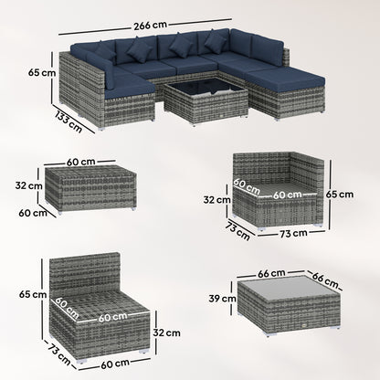 8-Piece Modular PE Rattan Corner Sofa Set | 2 Corner & 4 Middle Seats | Footstool | Tempered Glass Coffee Table | Thick Cushions | 4 Coloured Pillows | Protective Cover | Adjustable Foot Pads | 120kg Per Seat | Dark Blue